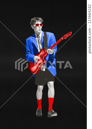 Contemporary art collage. Portrait of young talented guy dressed vintage clothes with vivid highlights, playing guitar. Poster for art events. Contemporary art collage. Portrait of young talented guy dressed vintage clothes with vivid highlights, playing guitar. Poster for art events. 115664282