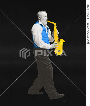Contemporary art collage. Poster for art events. Jazzman dressed vibrant outfit with golden saxophone. Minimalism and color contrast to striking effect. 115664285