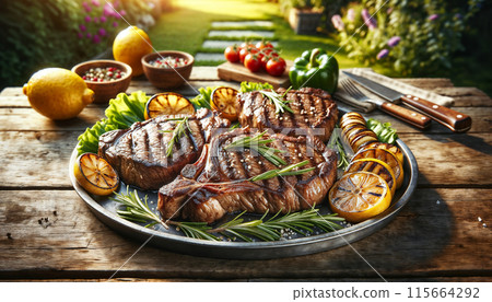 served grilled steak dinner outdoors seasoned with lemon and rosemary on rustic table outdoor 115664292