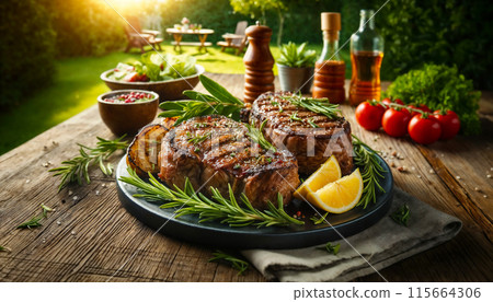 served grilled steak dinner outdoors seasoned with lemon and rosemary on rustic table outdoor 115664306
