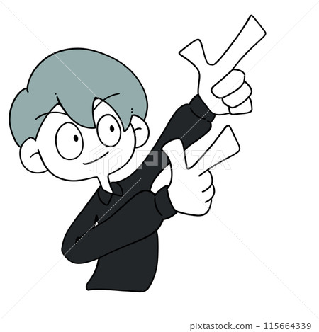 A man pointing diagonally upwards to the right A man pointing diagonally upwards to the right 115664339