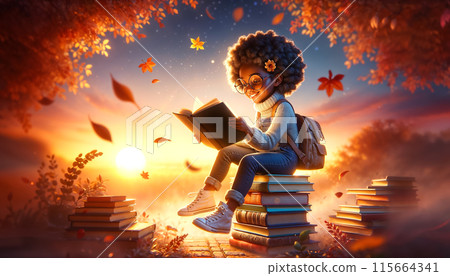 little girl deeply engaged in book sit on stack of books, surrounded by autumn leaves under sunset 115664341
