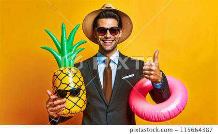 Male businessman in suit in sunglasses and hat holds inflatable pineapple and ring showing thumb up  115664387