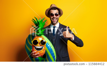 Male businessman in suit in sunglasses and hat holds inflatable pineapple and ring showing thumb up  115664412