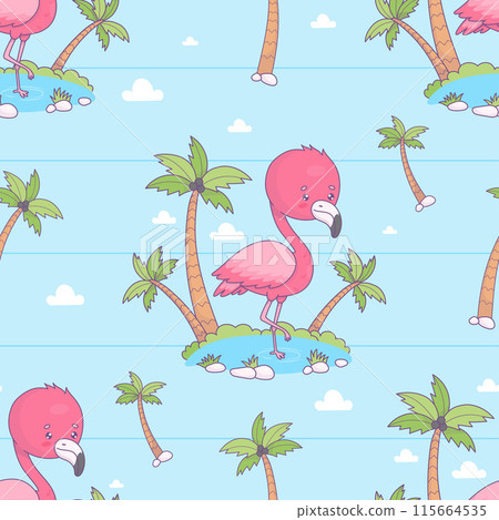 Seamless pattern with cute flamingo on tropical island with palm trees on blue striped background. Funny cartoon kawaii bird character. Vector illustration. Kids collection. Seamless pattern with cute flamingo on tropical island with palm trees on blue striped background. Funny cartoon kawaii bird character. Vector illustration. Kids collection. 115664535