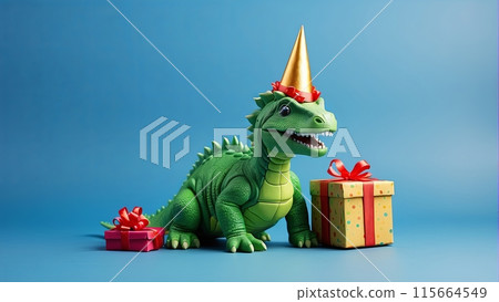 A green toy dinosaur in a birthday hat with gift box and red ribbon, blue background, copy space 115664549