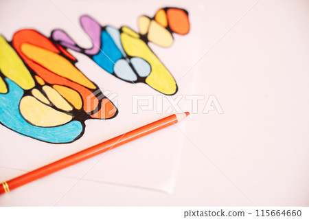 Neurographic drawing colored with colored pencils on white paper 115664660