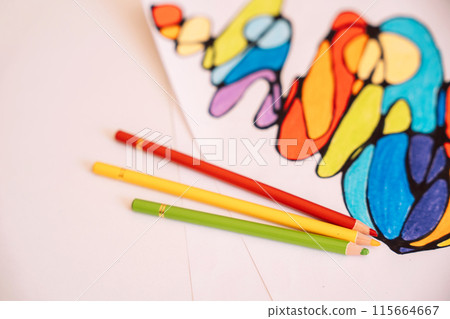 Neurographic drawing colored with colored pencils on white paper Neurographic drawing colored with colored pencils on white paper 115664667