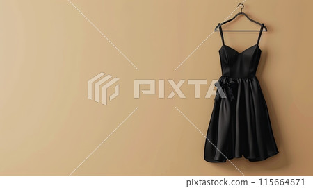 a stylish black dress hanging on a hanger against a beige background a stylish black dress hanging on a hanger against a beige background 115664871