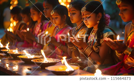 a group of young girls dressed in traditional attire, holding oil lamps in a festive setting a group of young girls dressed in traditional attire, holding oil lamps in a festive setting 115664873