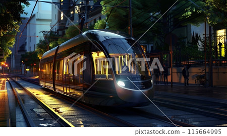 a modern, stylish tram illuminated by streetlights and building lights 115664995
