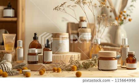 natural and organic skincare products arranged on a wooden surface 115664996