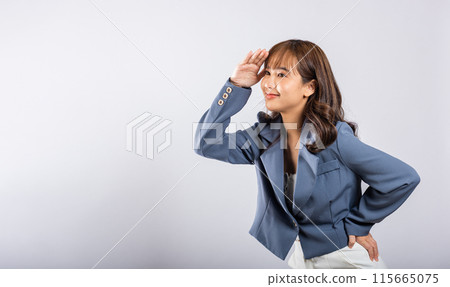 Searching concept. Asian business woman looking far away with hand over head at studio shot isolated on white background, Portrait of Happy female looking at distance with eyes shaded, copy space Searching concept. Asian business woman looking far away with hand over head at studio shot isolated on white background, Portrait of Happy female looking at distance with eyes shaded, copy space 115665075