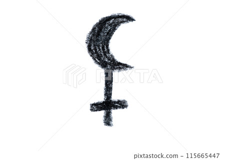 A hand-drawn Lilith symbol in black pencil on a white background 115665447