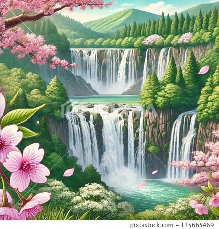 A beautiful landscape illustration of cherry blossoms blooming against the backdrop of a waterfall 115665469