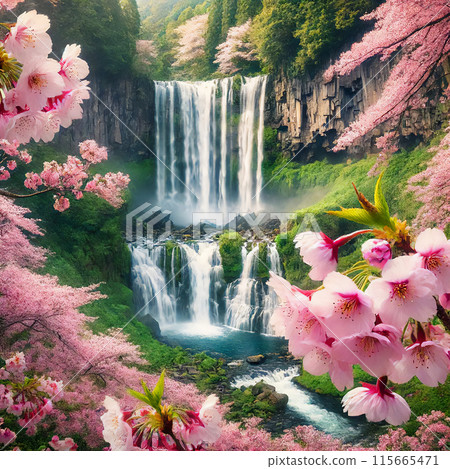 Beautiful scenery with cherry blossoms in full bloom against the backdrop of a waterfall 115665471