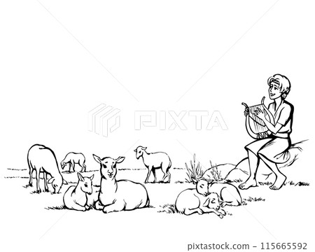 Vector drawing. Guy playing the harp at the field 115665592