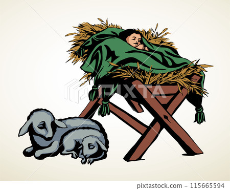 Vector drawing. Baby in a manger 115665594