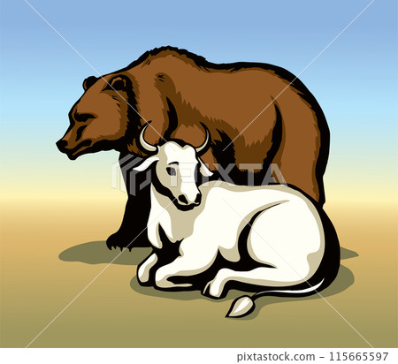 Vector drawing. Cute big cow with bear Vector drawing. Cute big cow with bear 115665597
