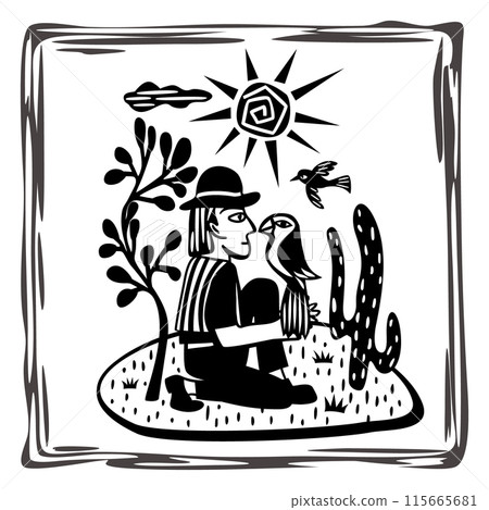 Brazilian northeast cordel style. Man and bird. Woodcut illustration Brazilian northeast cordel style. Man and bird. Woodcut illustration 115665681