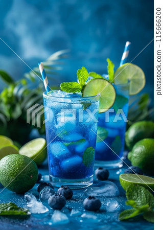 Two blue Mojito cocktails with striped straws, set among limes and blueberries on a blue surface 115666200