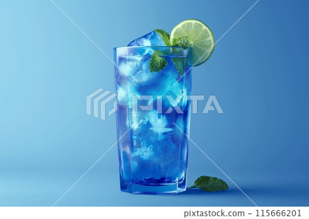 Blue Mojito cocktail with ice, mint, and a lime slice, set against a solid blue background 115666201