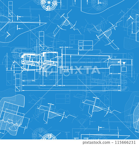 Mechanical engineering drawings on blue background. Tap tools, borer. Technical Design. Cover. Blueprint. Seamless pattern. Vector illustration. 115666231