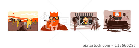 Danger of Nuclear Catastrophe with Horned Evil Man Vector Illustration Set 115666255