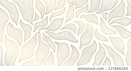 Vector art deco line pattern. Gold leaves abstract background, fancy nature ornament, plant flower texture. Wave nouveau print, vintage jungle illustration 115666264