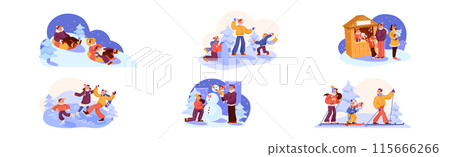 Happy Family in Winter Season Enjoy Recreation Activity Vector Set 115666266