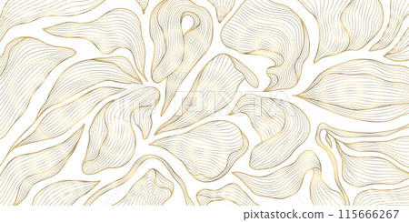 Vector art deco line pattern. Gold leaves abstract background, fancy nature ornament, plant flower texture. Wave nouveau print, vintage jungle illustration 115666267