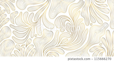 Vector art deco line pattern. Gold leaves abstract background, fancy nature ornament, plant flower texture. Wave nouveau print, vintage jungle illustration Vector art deco line pattern. Gold leaves abstract background, fancy nature ornament, plant flower texture. Wave nouveau print, vintage jungle illustration 115666270