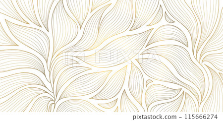 Vector art deco line pattern. Gold leaves abstract background, fancy nature ornament, plant flower texture. Wave nouveau print, vintage jungle illustration 115666274