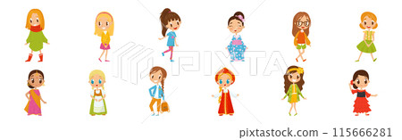 Cute Girl Kid Dressed in Elegant Clothes Standing and Smiling Vector Set 115666281