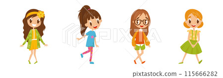 Cute Girl Kid Dressed in Elegant Clothes Standing and Smiling Vector Set Cute Girl Kid Dressed in Elegant Clothes Standing and Smiling Vector Set 115666282