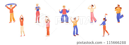 Man and Woman Sport Fan Character Supporting Team Cheering at Stadium Vector Set 115666288