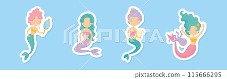 Cute Mermaid Girl Character with Fish Tail Vector Set 115666295