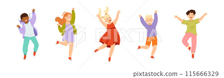 Jumping Kids Feeling Happiness and Excitement Having Fun Vector Set Jumping Kids Feeling Happiness and Excitement Having Fun Vector Set 115666329