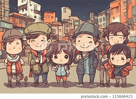 Diverse group of tourists of various ages.Cartoon Retro Abstract art.AI Generated Diverse group of tourists of various ages.Cartoon Retro Abstract art.AI Generated 115666423