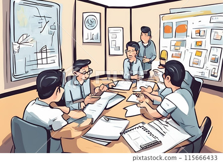 Collaborative teamwork among employees.Cartoon Retro Abstract art.AI Generated 115666433
