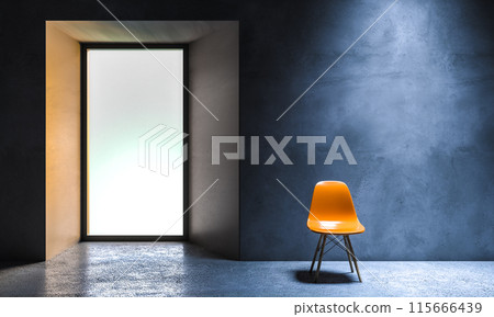Single orange chair standing in empty room 115666439