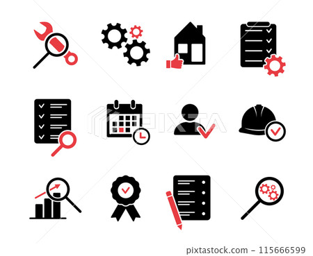Inspection silhouette icons set. Black icons for quality control, testing, inspect, check, verify, examination. Vector Inspection silhouette icons set. Black icons for quality control, testing, inspect, check, verify, examination. Vector 115666599