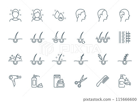 Treatment and Problem of Hair. Hair Care and Loss Problem. Shampoo, Dandruff, Haircut, Growth and Alopecia Line Icon. Barbershop Tools Flat Linear Icons. Editable stroke. Vector illustration 115666600