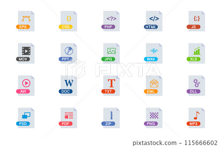 File Type Icons Set. Format and Extension of Documents. File Format Icon. Vector illustration. File Type Icons Set. Format and Extension of Documents. File Format Icon. Vector illustration. 115666602