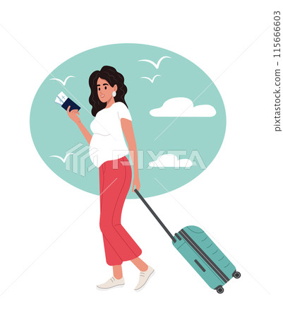 Young pregnant woman, tourist on vacation with suitcase Airplane trip, flight during pregnancy. Summer holiday background. 115666603