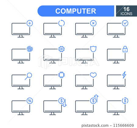 Set of Simple Computer line icons. Computer Repair Service, Sale, Loan, Renovation and Update System line icons. PC linear icons. Editable Stroke. Vector illustration Set of Simple Computer line icons. Computer Repair Service, Sale, Loan, Renovation and Update System line icons. PC linear icons. Editable Stroke. Vector illustration 115666609
