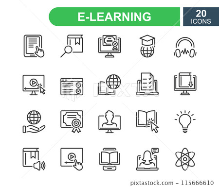 E-learning, online and distance education line icon. Online training, webinar, education, course, elearning, conference, exam. Online education line icons set. Editable stroke. Vector illustration 115666610