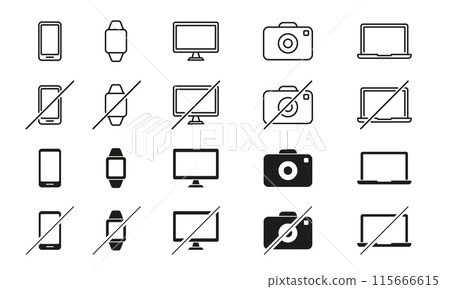 Set of Devices Line Icons. Smartphone, Tablet PC, Laptop, Camera, Smart Watch. Ban of Devices. Device Free Zone, Digital Detox. No or Stop Electronic Equipment. Editable stroke. Vector illustration 115666615