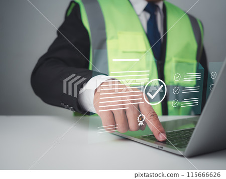 Architect or engineer Checking the list of documents and approving the project, Approved Buildings Permit concept with approved residential building project, Construction project inspection. 115666626