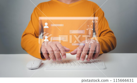Man wearing an orange shirt chatting with a smart AI using an artificial intelligence chatbot developed by OpenAI, Chat bot concept, Artificial intelligence system support is the future, Chat with AI. 115666631